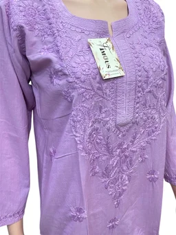 Purple Chikankari Kurti in Soft Mul Cotton - Purple, M(38)