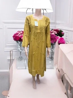 Mustard Chikankari Kurti in Soft Mul Cotton - M(38), Mustard
