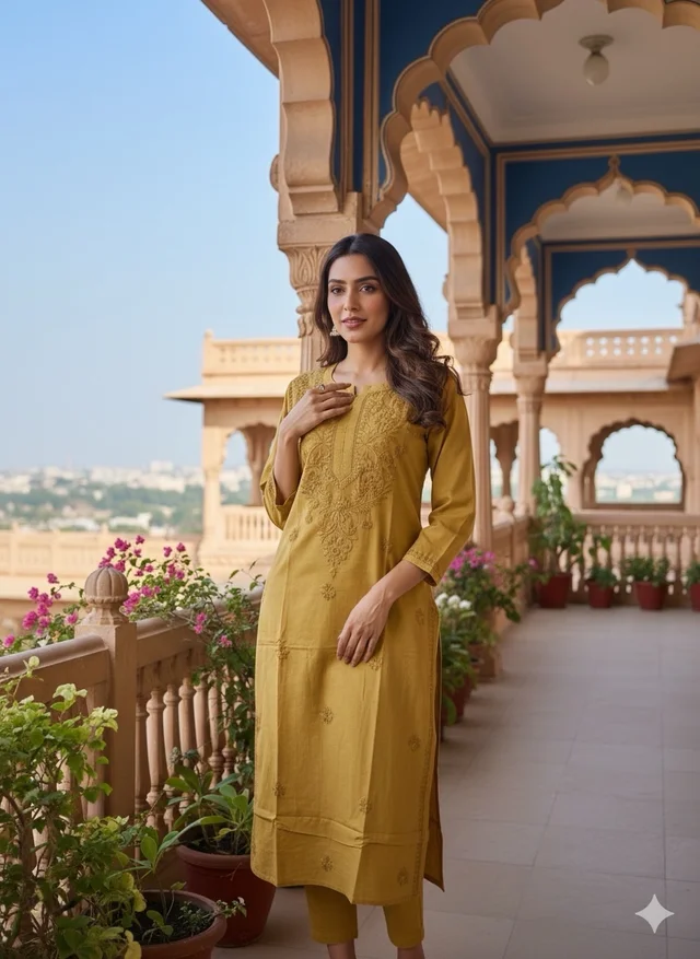 Mustard Chikankari Kurti in Soft Mul Cotton - M(38), Mustard