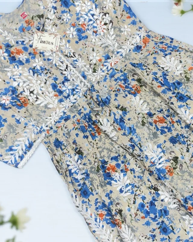 Pink Floral Print Chikankari Naira Kurti - Blue, M(38)