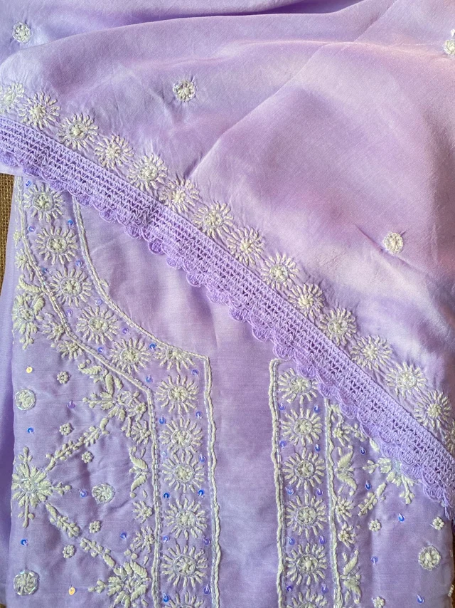 Zaanya Unstiched Purple Chikankari Kurta Dupatta - Light purple