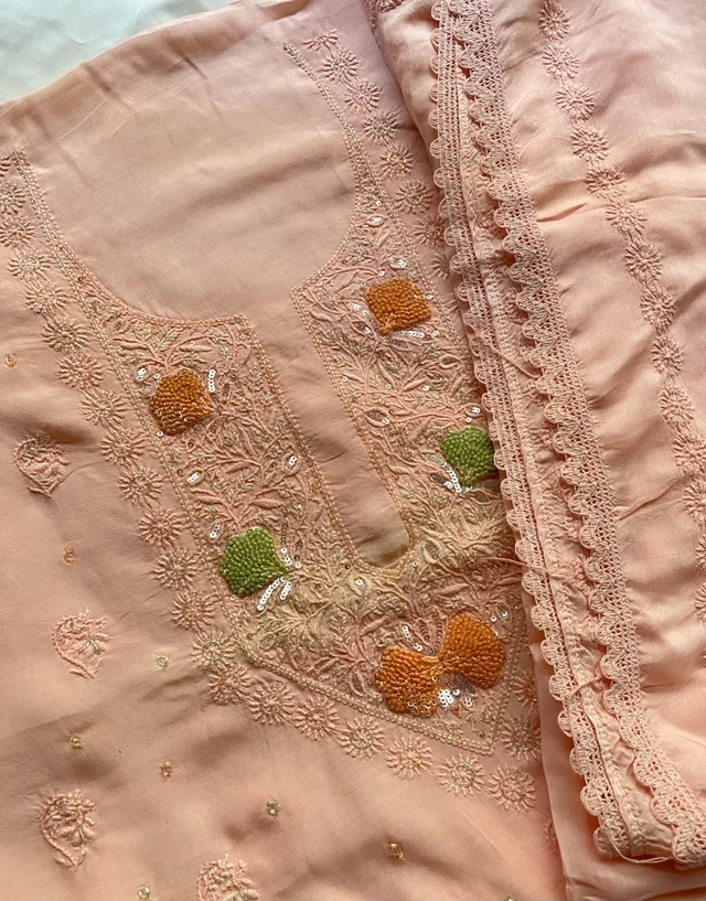 Zaanya Unstiched Peach Chikankari Kurta Dupatta - Peach