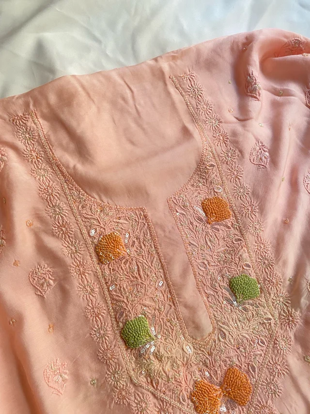 Zaanya Unstiched Peach Chikankari Kurta Dupatta - Peach