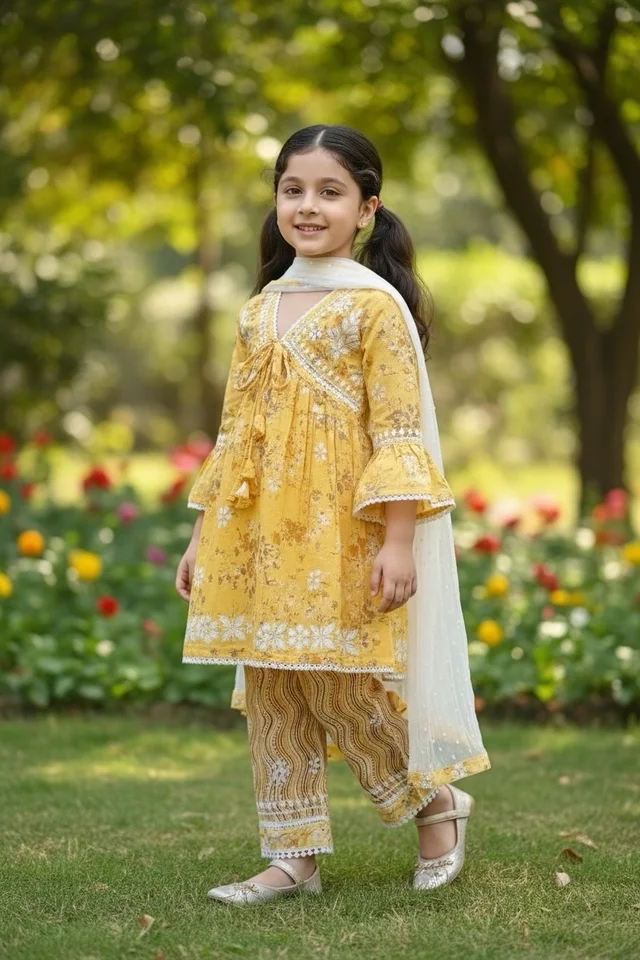 Afshan Tiered Mul Print Kids Chikankari Set -Yellow - 36, Yellow