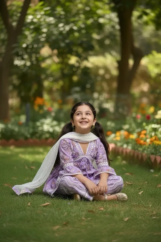 Afshan Tiered Mul Print Kids Chikankari Set -Purple - 18, Purple