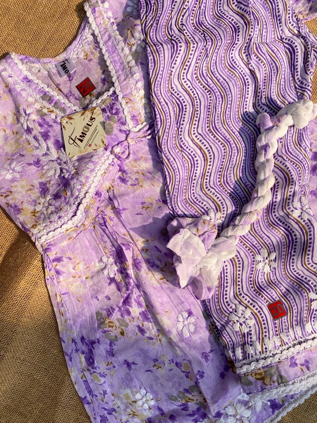 Afshan Tiered Mul Print Kids Chikankari Set -Purple - 18, Purple