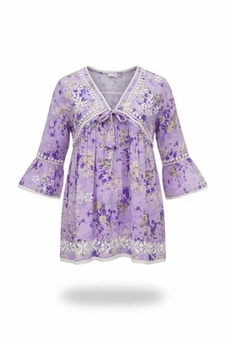 Afshan Tiered Mul Print Kids Chikankari Set -Purple - 18, Purple