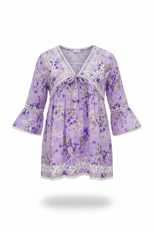 Afshan Tiered Mul Print Kids Chikankari Set -Purple - 18, Purple