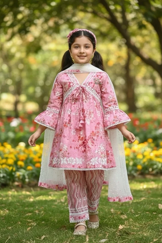 Afshan Tiered Mul Print Kids Chikankari Set -Pink - 18, pink