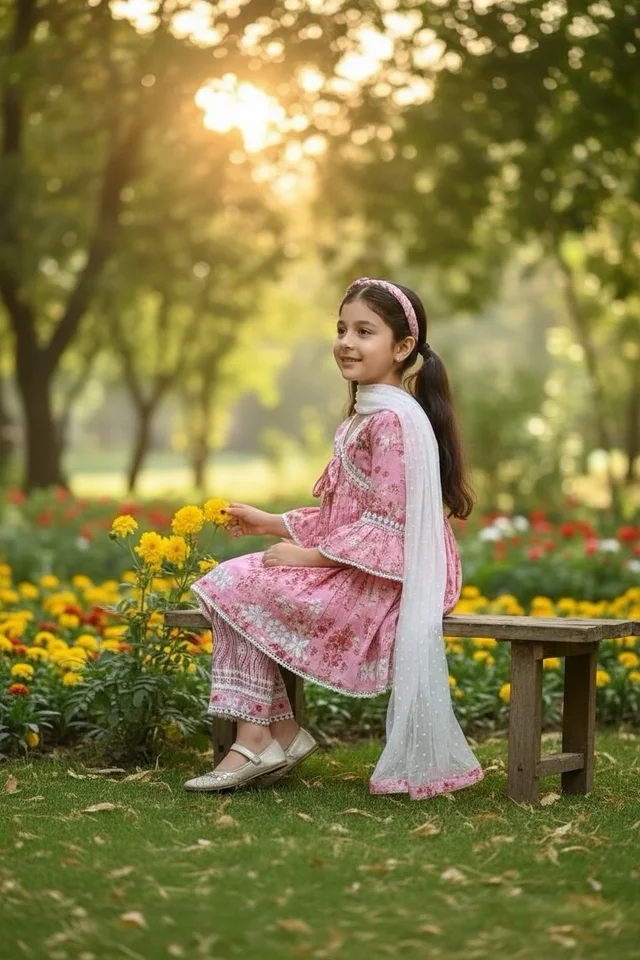 Afshan Tiered Mul Print Kids Chikankari Set -Pink - 18, pink