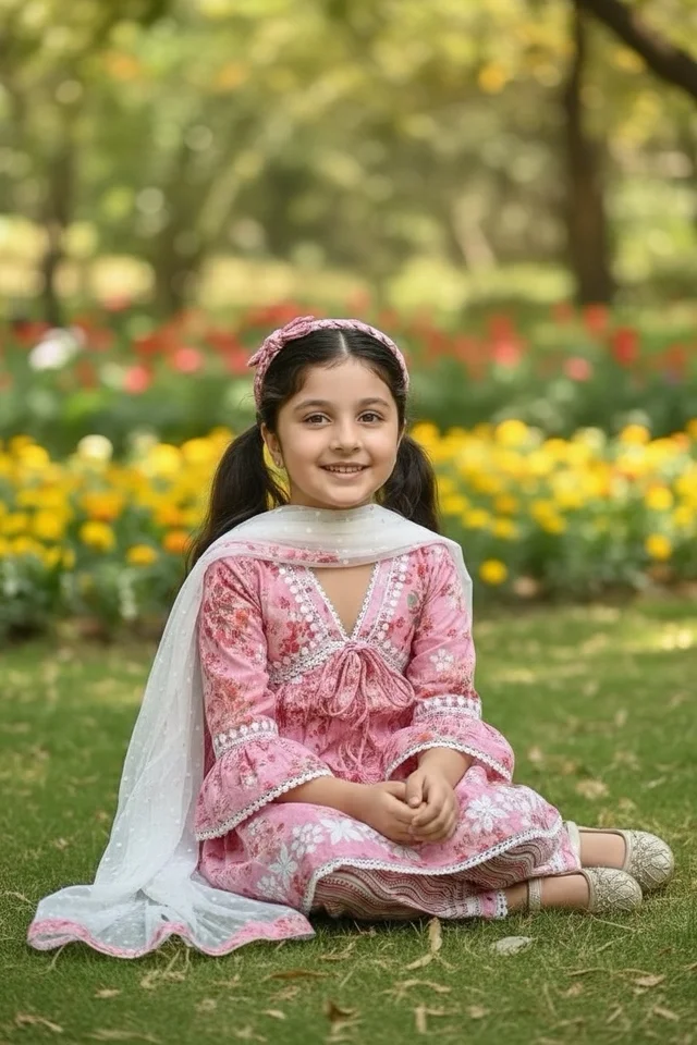 Afshan Tiered Mul Print Kids Chikankari Set -Pink - 18, pink
