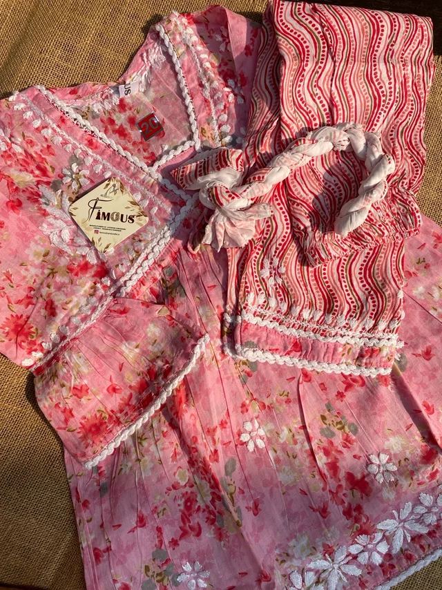 Afshan Tiered Mul Print Kids Chikankari Set -Pink - 18, pink