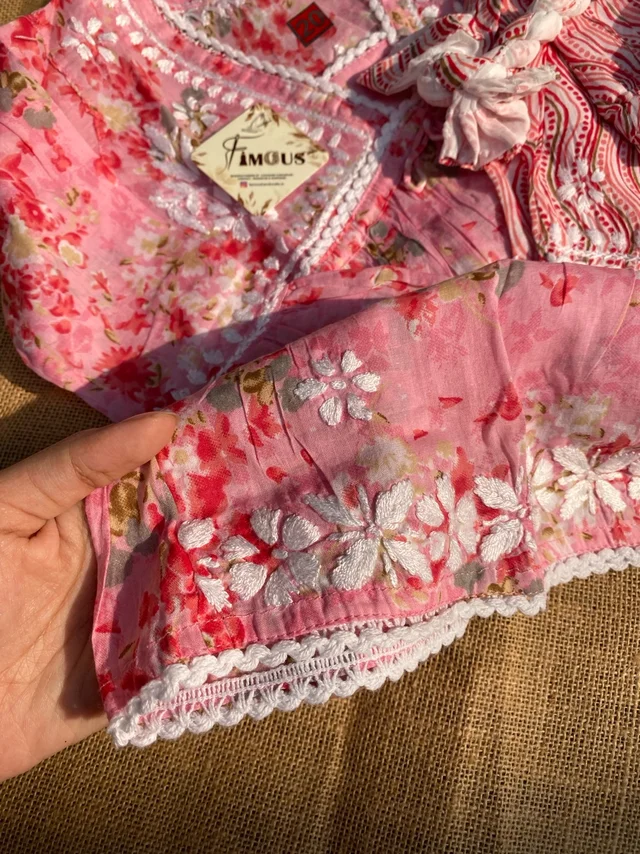 Afshan Tiered Mul Print Kids Chikankari Set -Pink - 18, pink
