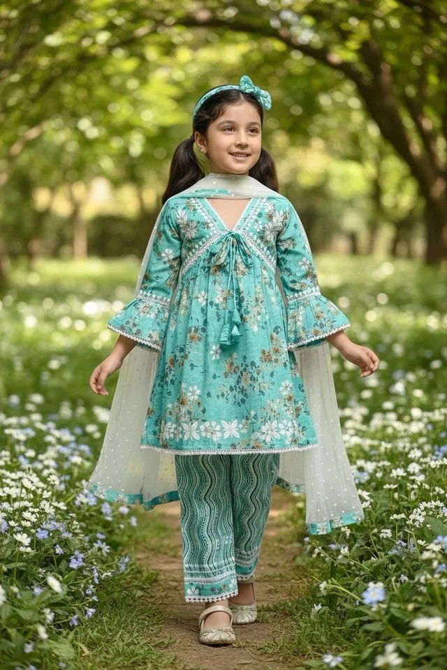 Afshan Tiered Mul Print Kids Chikankari Set -Firozi - 16, Firozi