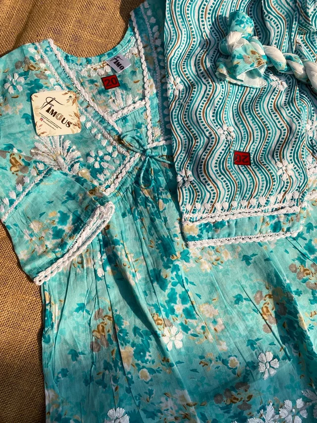 Afshan Tiered Mul Print Kids Chikankari Set -Firozi - 16, Firozi