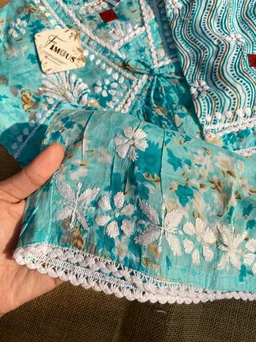 Afshan Tiered Mul Print Kids Chikankari Set -Firozi - 16, Firozi
