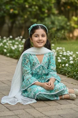 Afshan Tiered Mul Print Kids Chikankari Set -Firozi - 18, Firozi