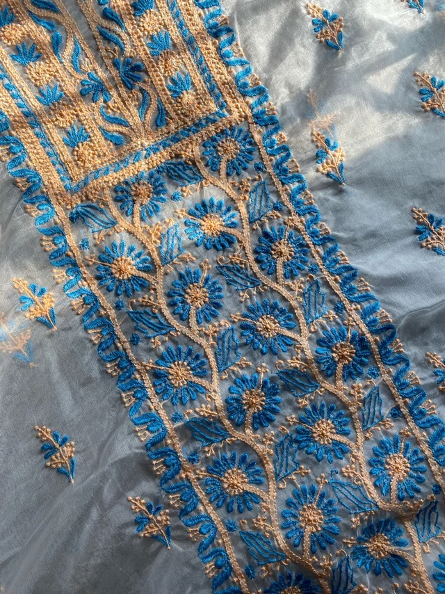 Premium Chikankari Off White Organza Unstiched Dress - Off White