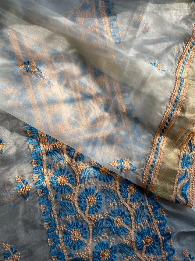 Premium Chikankari Off White Organza Unstiched Dress - Off White