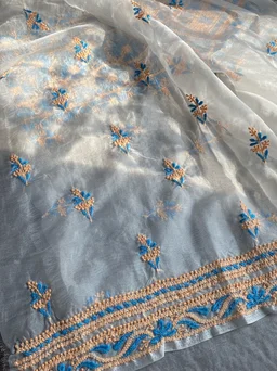 Premium Chikankari Off White Organza Unstiched Dress - Off White