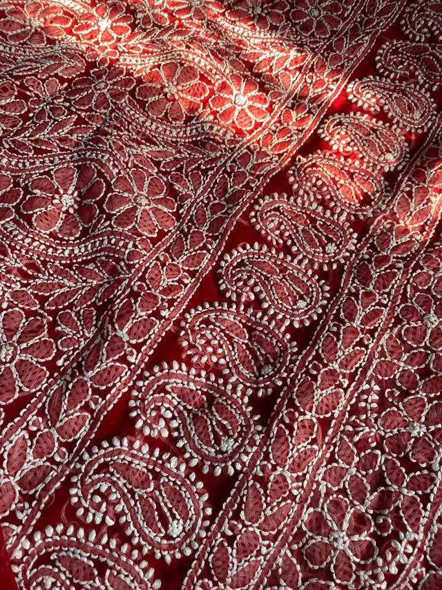 Red Chikankari Georgette Unstiched Dress