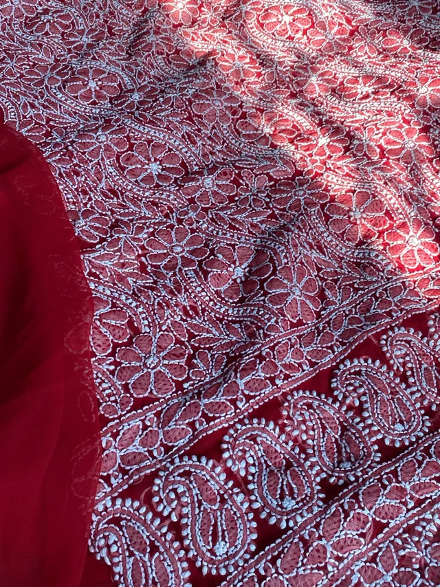 Red Chikankari Georgette Unstiched Dress