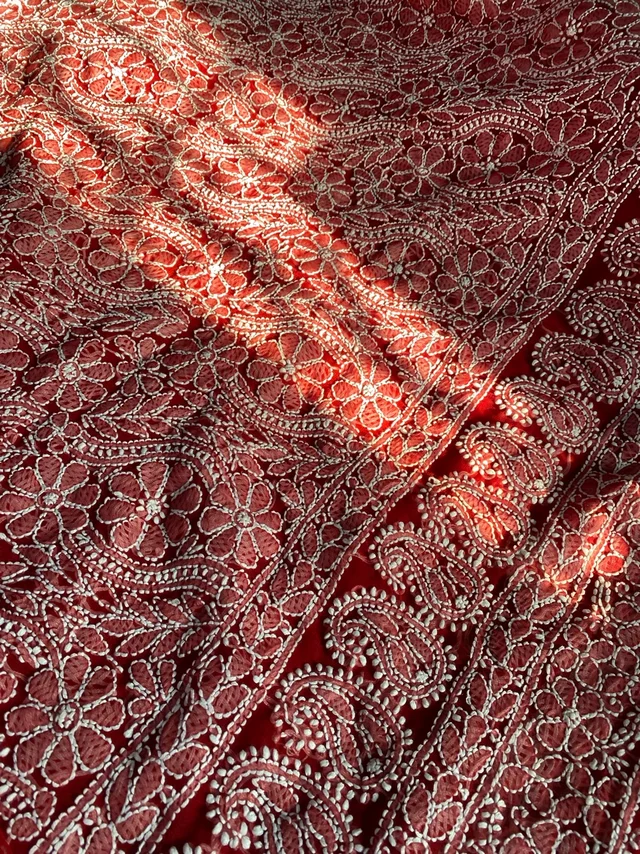 Red Chikankari Georgette Unstiched Dress