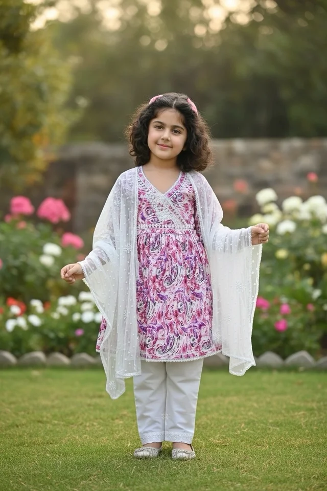 Fiza Angarkha Mul Print Kids Chikankari Set -Pink - 22, pink