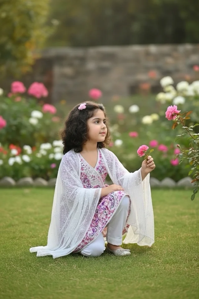 Fiza Angarkha Mul Print Kids Chikankari Set -Pink - 22, pink