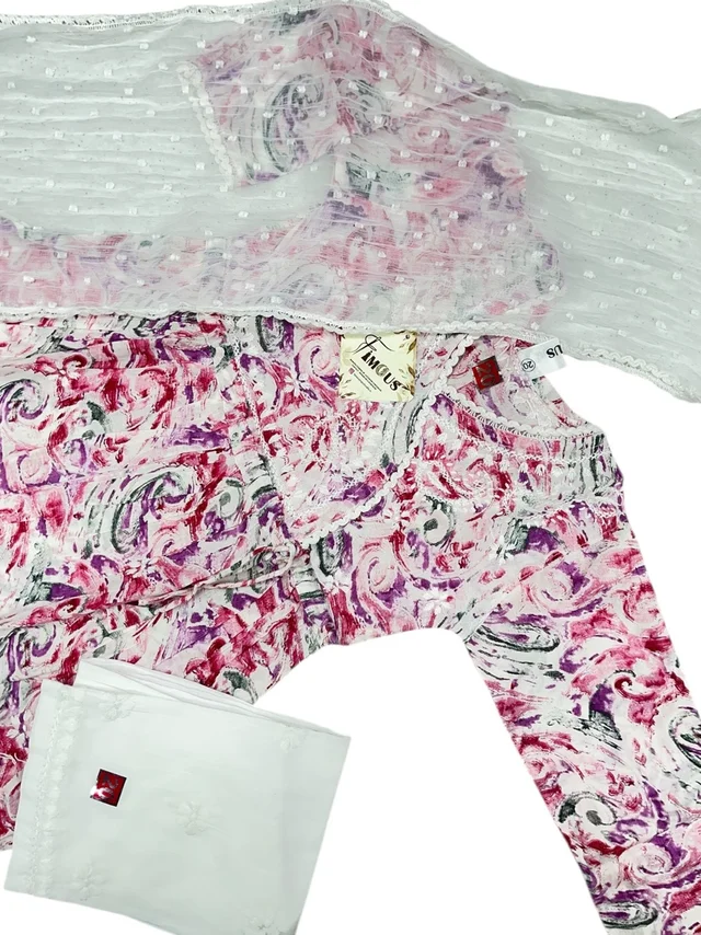 Fiza Angarkha Mul Print Kids Chikankari Set -Pink - 22, pink