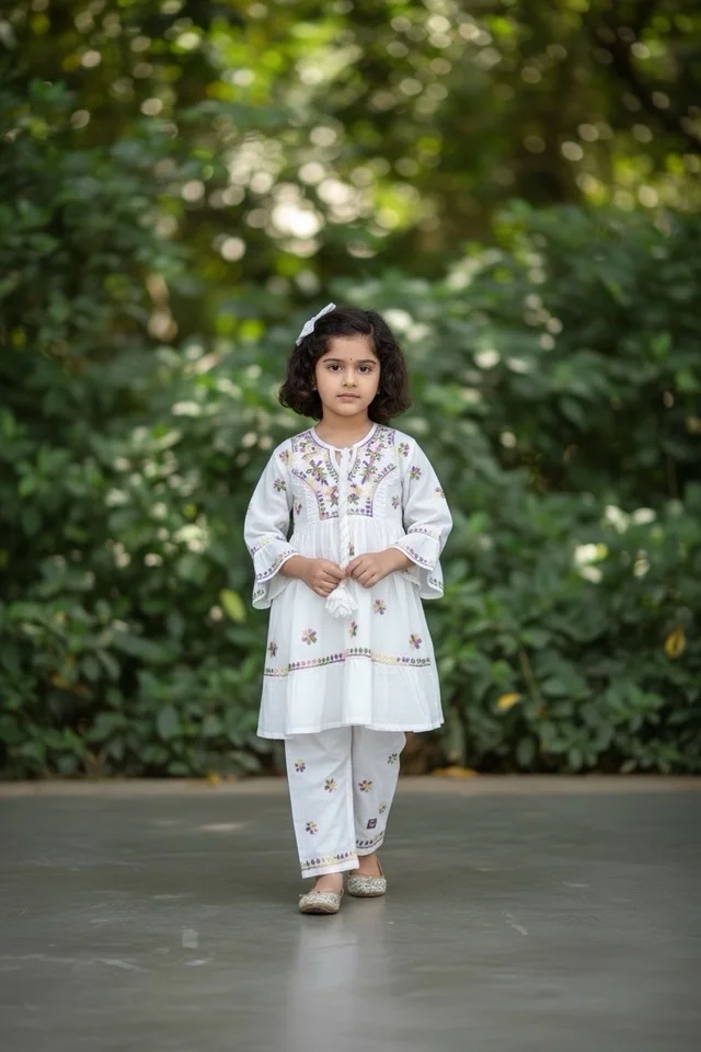 Snow White Chikankari Frill Frock Set - 16