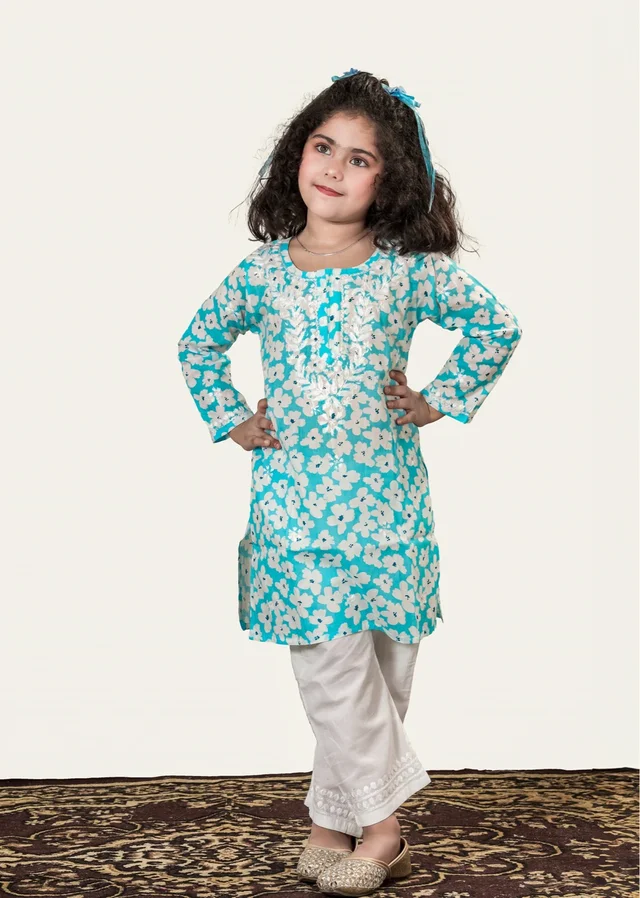Little Noor – Blue Mulmul Chikankari Kidswear Set - 20, Blue