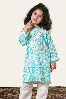 Little Noor – Blue Mulmul Chikankari Kidswear Set - 20, Blue