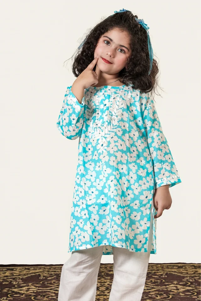 Little Noor – Blue Mulmul Chikankari Kidswear Set - 20, Blue
