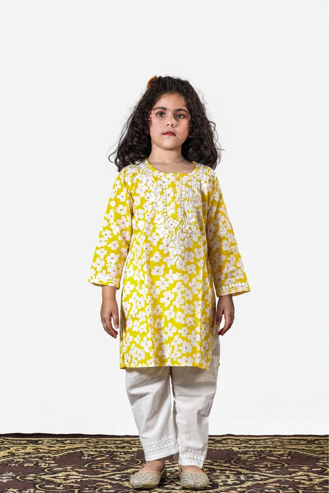 Little Noor – Yellow Mulmul Chikankari Kidswear Set - 20, Yellow