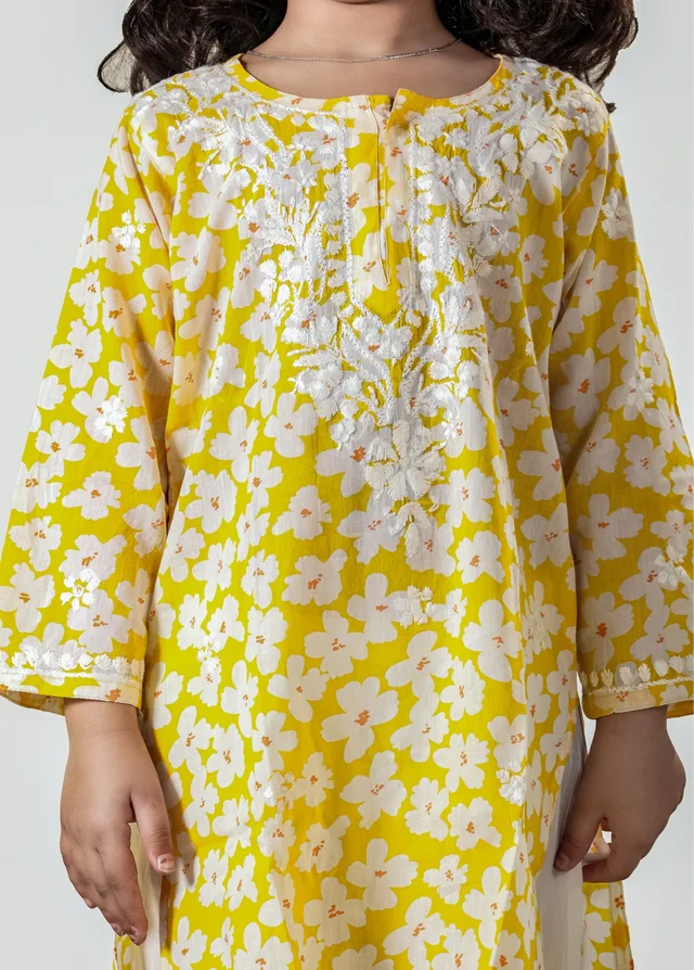 Little Noor – Yellow Mulmul Chikankari Kidswear Set - 20, Yellow