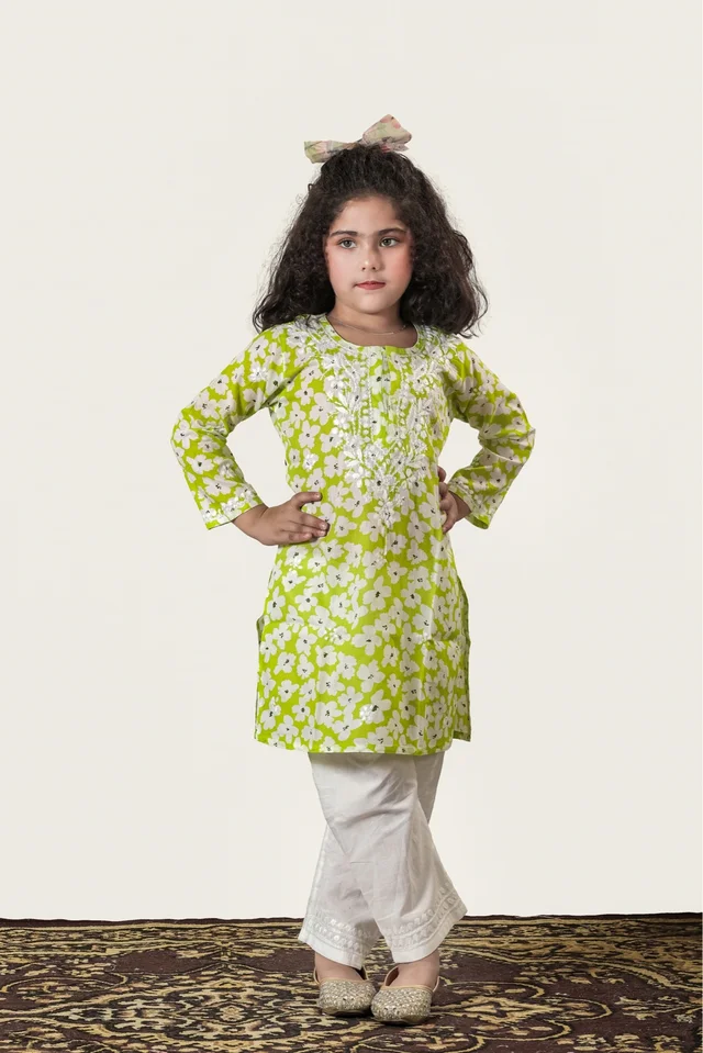 Little Noor – Lime Green Mulmul Chikankari Kidswear Set - 24, Lime Green