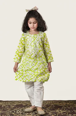 Little Noor – Lime Green Mulmul Chikankari Kidswear Set - 24, Lime Green