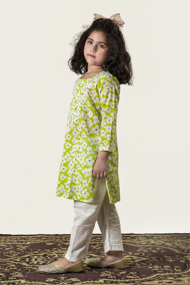 Little Noor – Lime Green Mulmul Chikankari Kidswear Set - 24, Lime Green