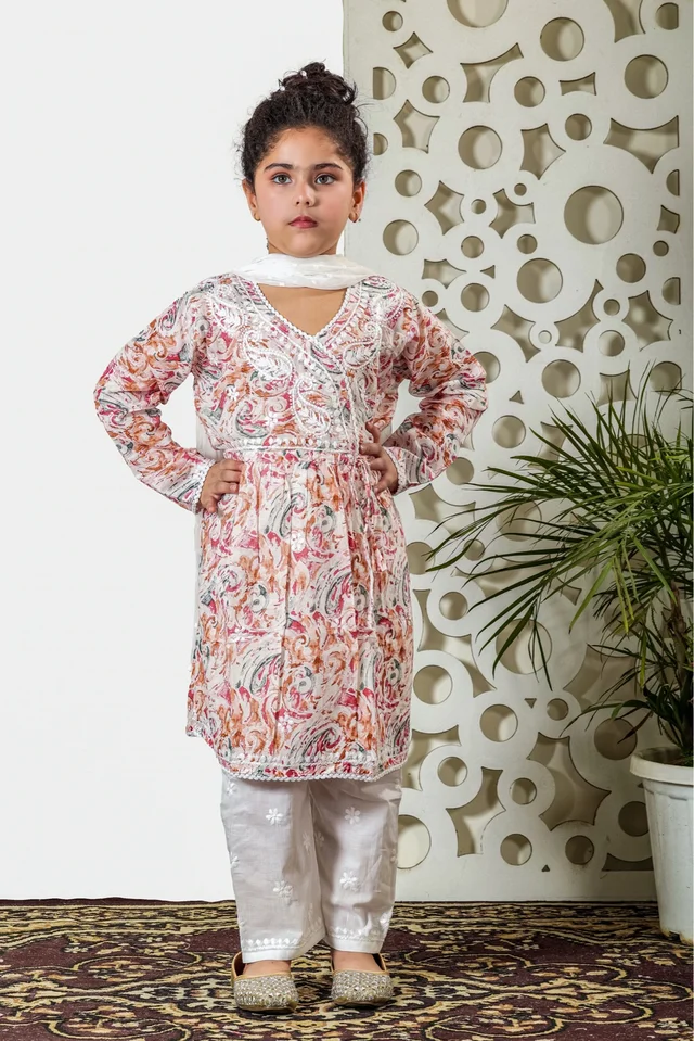 Fiza Angarkha Mul Print Kids Chikankari Set - Peach - 34, Peach