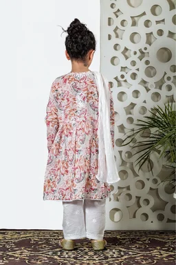 Fiza Angarkha Mul Print Kids Chikankari Set - Peach - 34, Peach