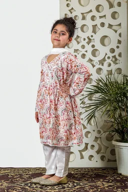 Fiza Angarkha Mul Print Kids Chikankari Set - Peach - 36, Peach