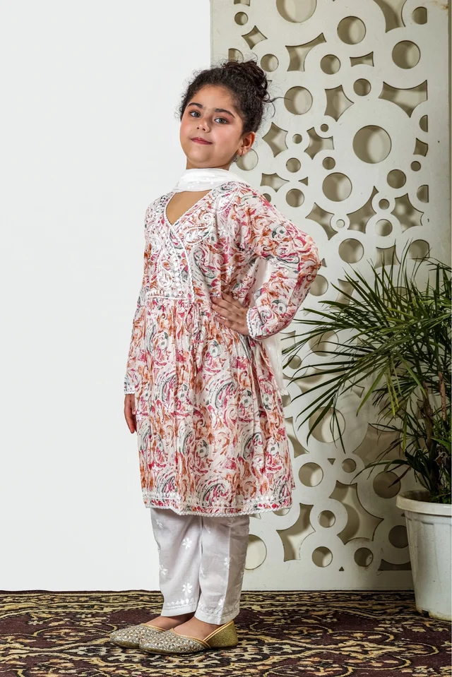 Fiza Angarkha Mul Print Kids Chikankari Set - Peach - 36, Peach