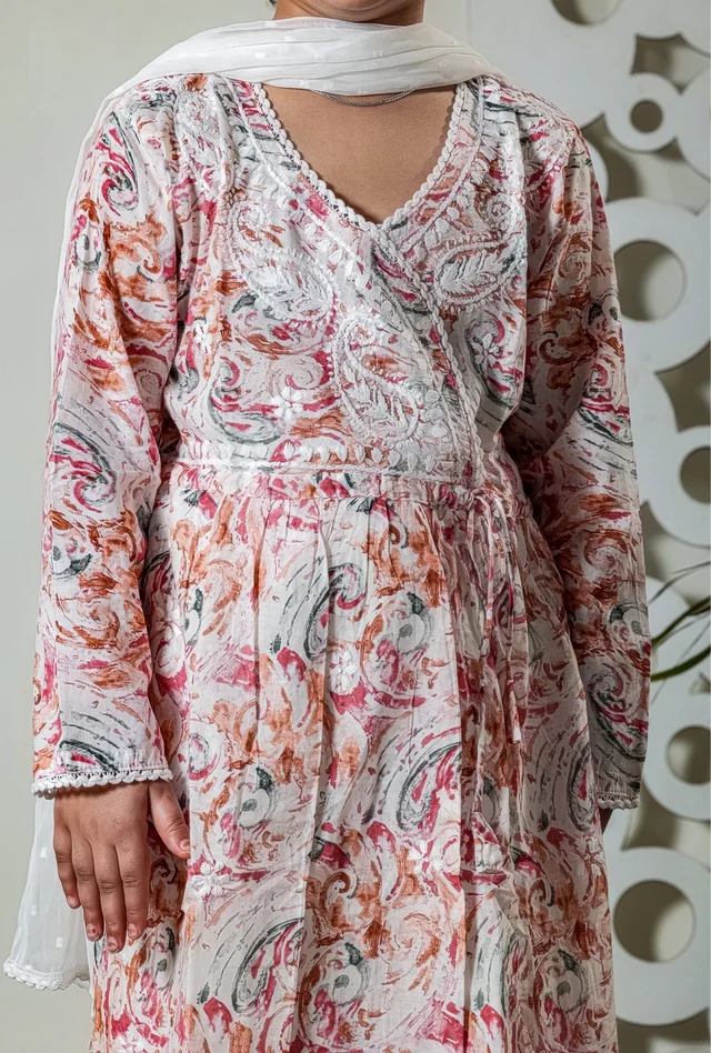 Fiza Angarkha Mul Print Kids Chikankari Set - Peach - 36, Peach