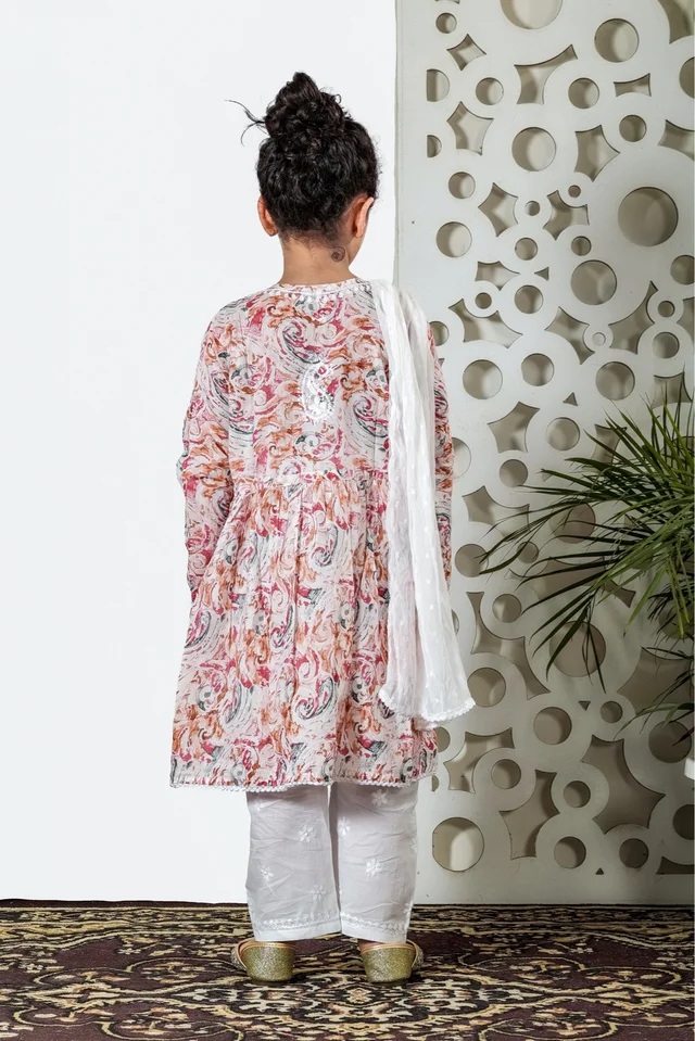 Fiza Angarkha Mul Print Kids Chikankari Set - Peach - 36, Peach