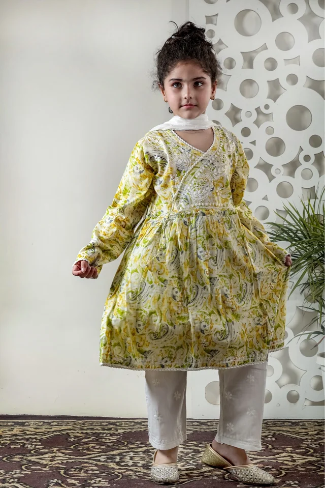 Fiza Angarkha Mul Print Kids Chikankari Set - Yellow - 22, Yellow