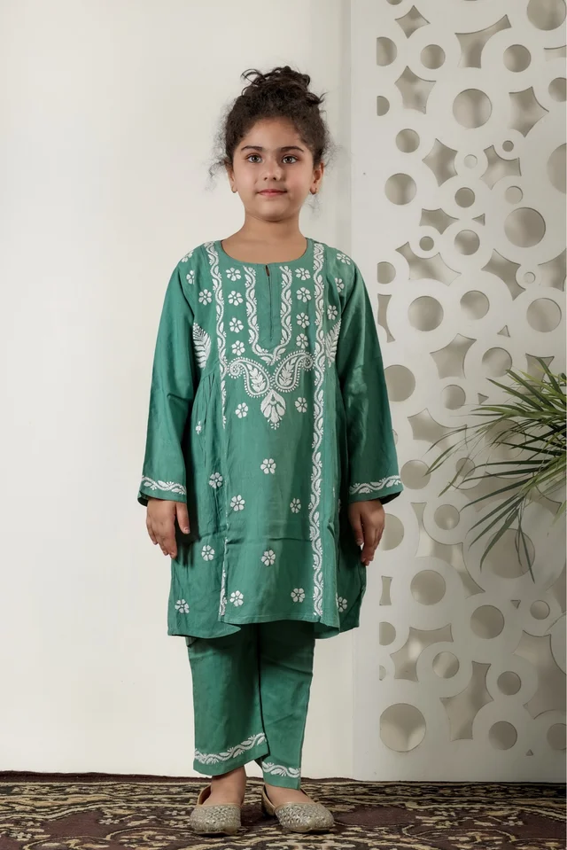 Little Jasmin - Mint Green Chikankari Side Pleated Kidswear Set - 26, Mint Green