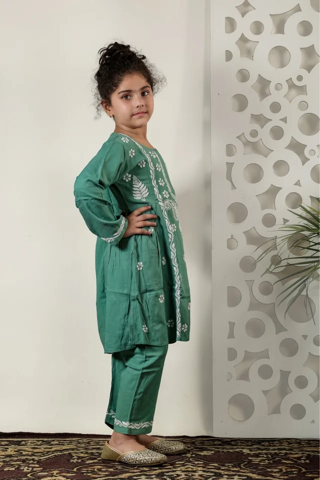 Little Jasmin - Mint Green Chikankari Side Pleated Kidswear Set - 26, Mint Green