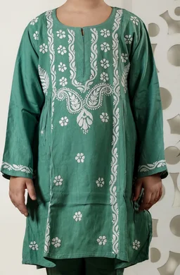 Little Jasmin - Mint Green Chikankari Side Pleated Kidswear Set - 26, Mint Green