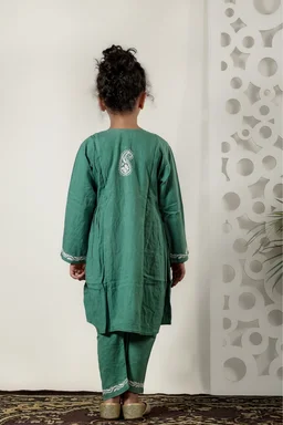 Little Jasmin - Mint Green Chikankari Side Pleated Kidswear Set - 26, Mint Green